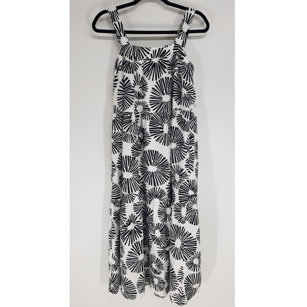 LOFT Floral Tiered Midi Sun Dress Sz XS White Black Linen Blend Sleeveless Boho